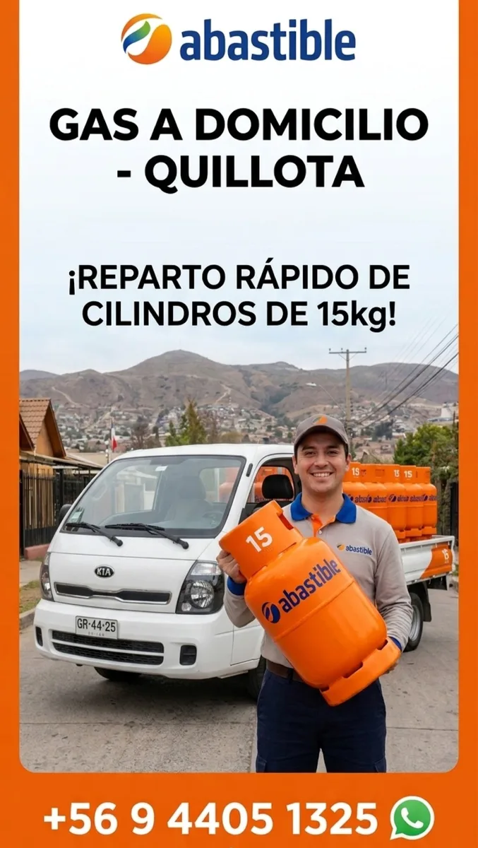 Afiche real de Abastible La Cruz: repartidor con cilindro naranjo junto a la camioneta de reparto en Quillota