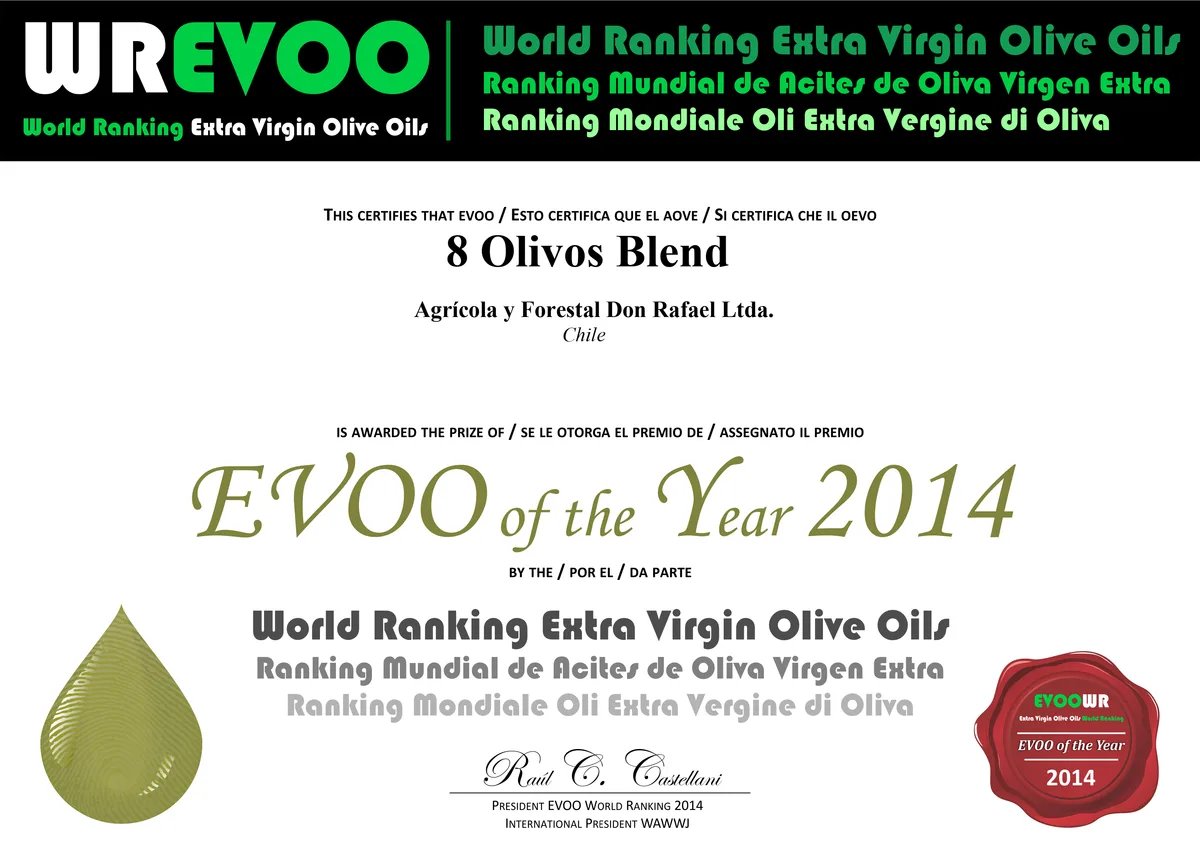 Diploma WREVOO: 8 Olivos Blend, EVOO of the Year 2014, Agrícola y Forestal Don Rafael