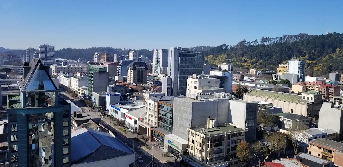 Panorámica de día sobre el centro de Concepción desde la terraza de Alcatorce, piso 14
