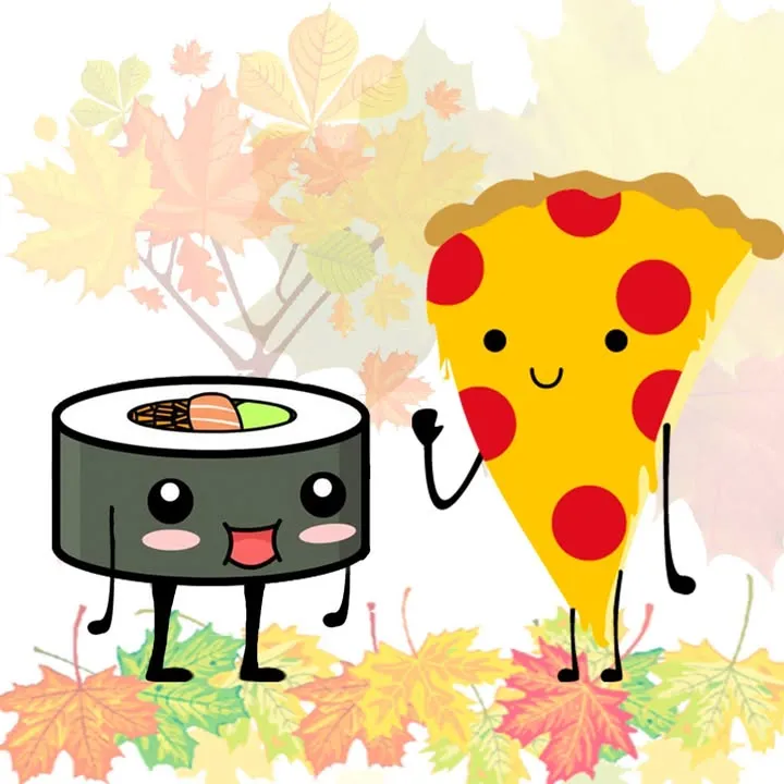 Mascota real de Alguita Sushi Rolls: maki y trozo de pizza sonrientes