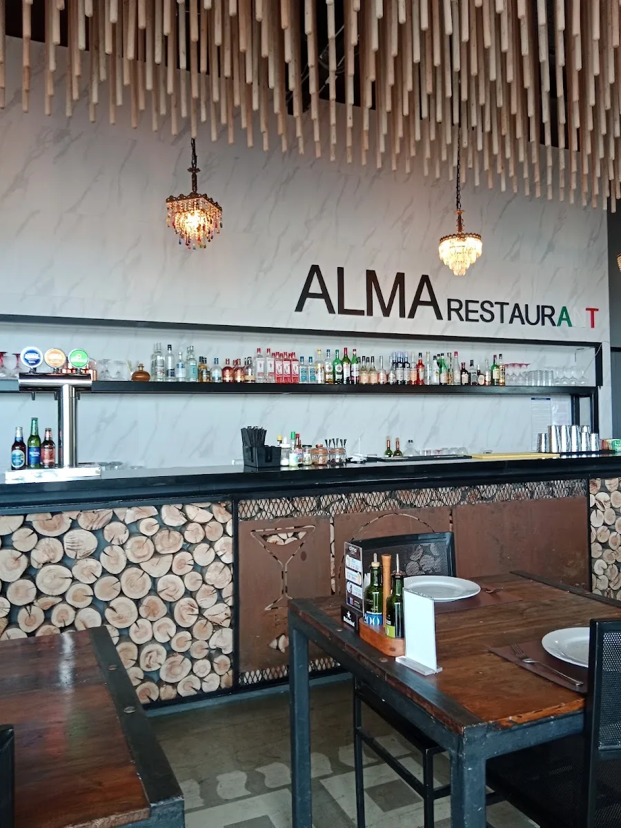 Barra de Alma restaurant con el letrero en la pared, botellas y troncos