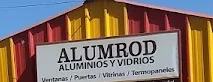 Cartel del taller: Alumrod, aluminios y vidrios — ventanas, puertas, vitrinas y termopaneles