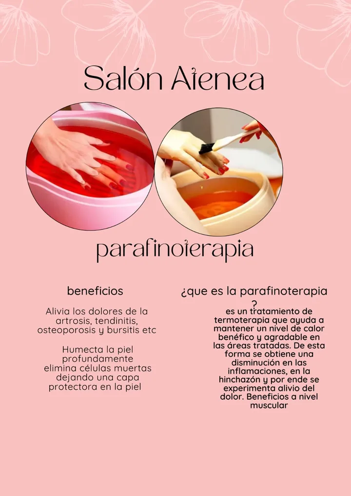 Afiche de parafinoterapia del salón: manos sumergidas en parafina tibia, $5.000 por zona