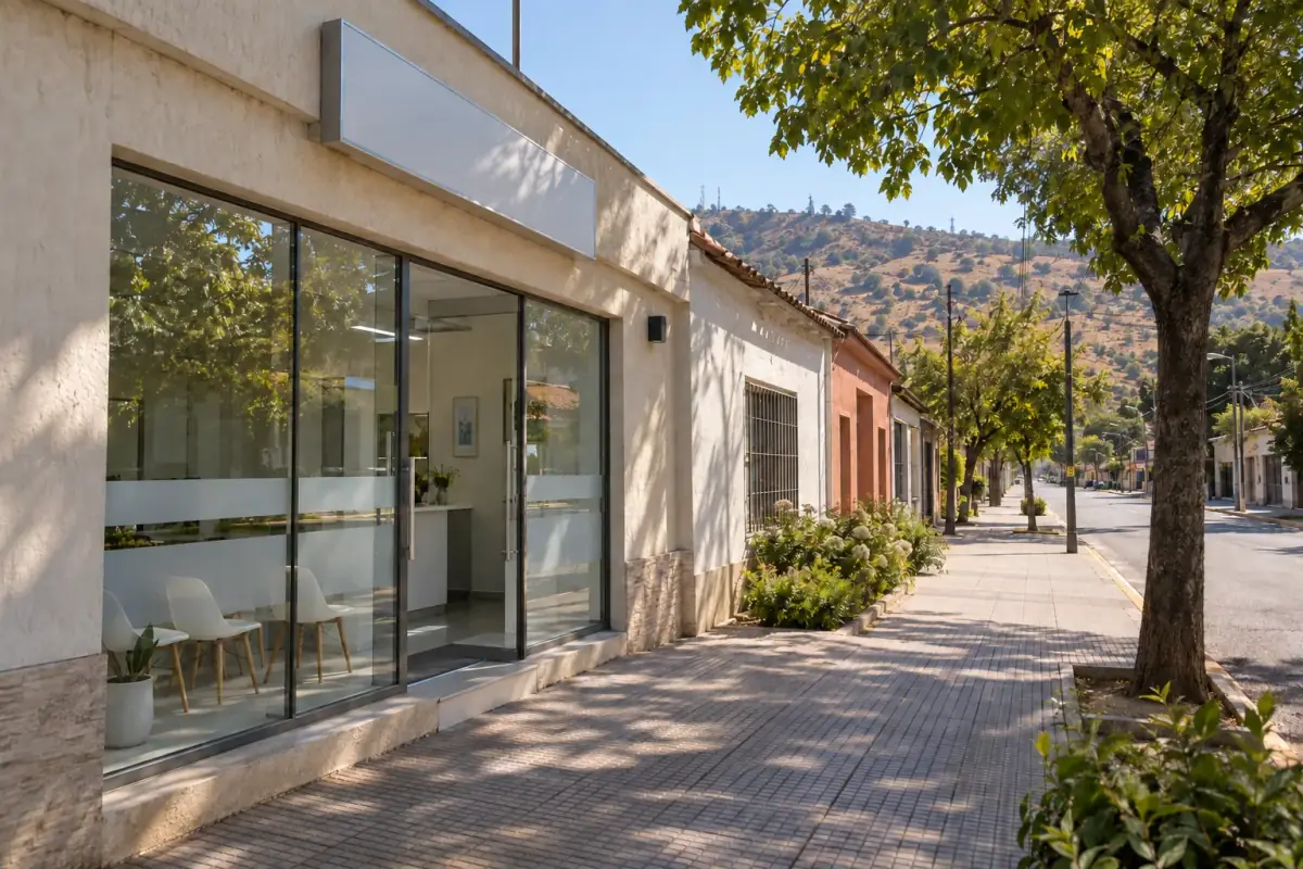 Fachada de la clínica en la calle principal de San Javier, con cerros de fondo