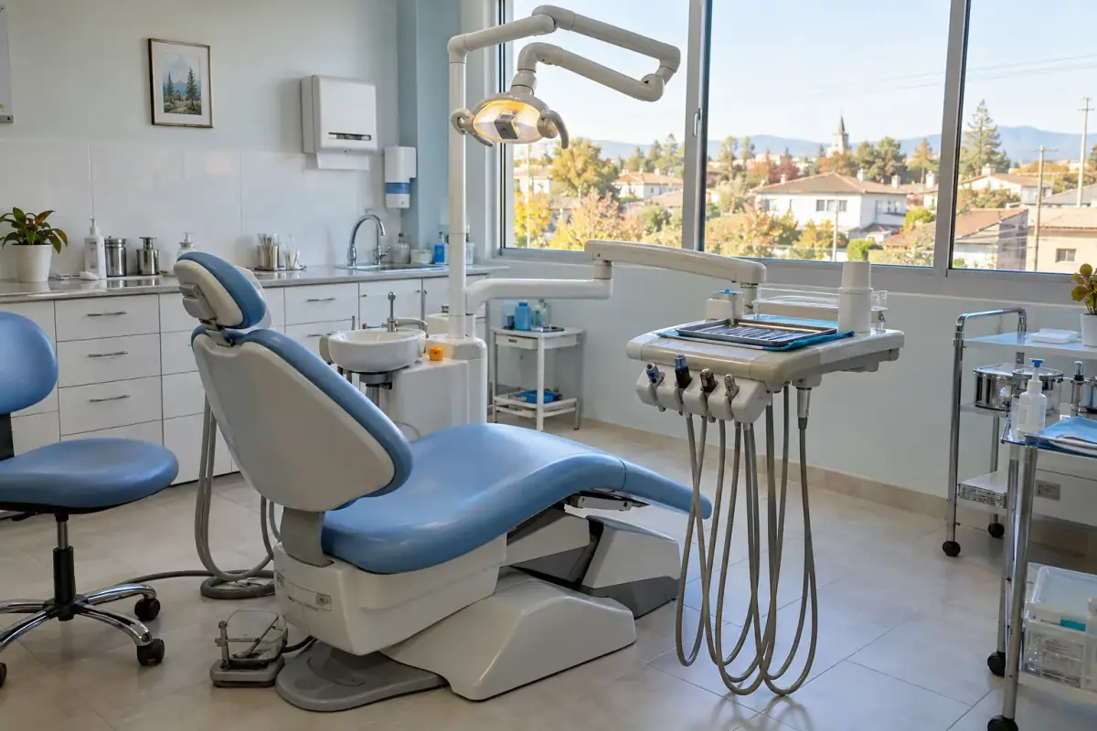 Box de atención de la clínica: sillón dental azul junto a un ventanal con vista al pueblo