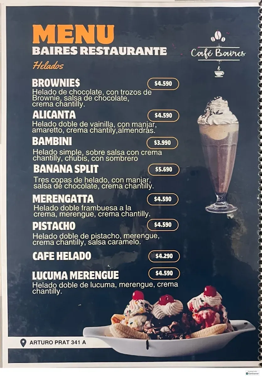 Página Helados de la carta real de Café Baires con las copas y sus precios