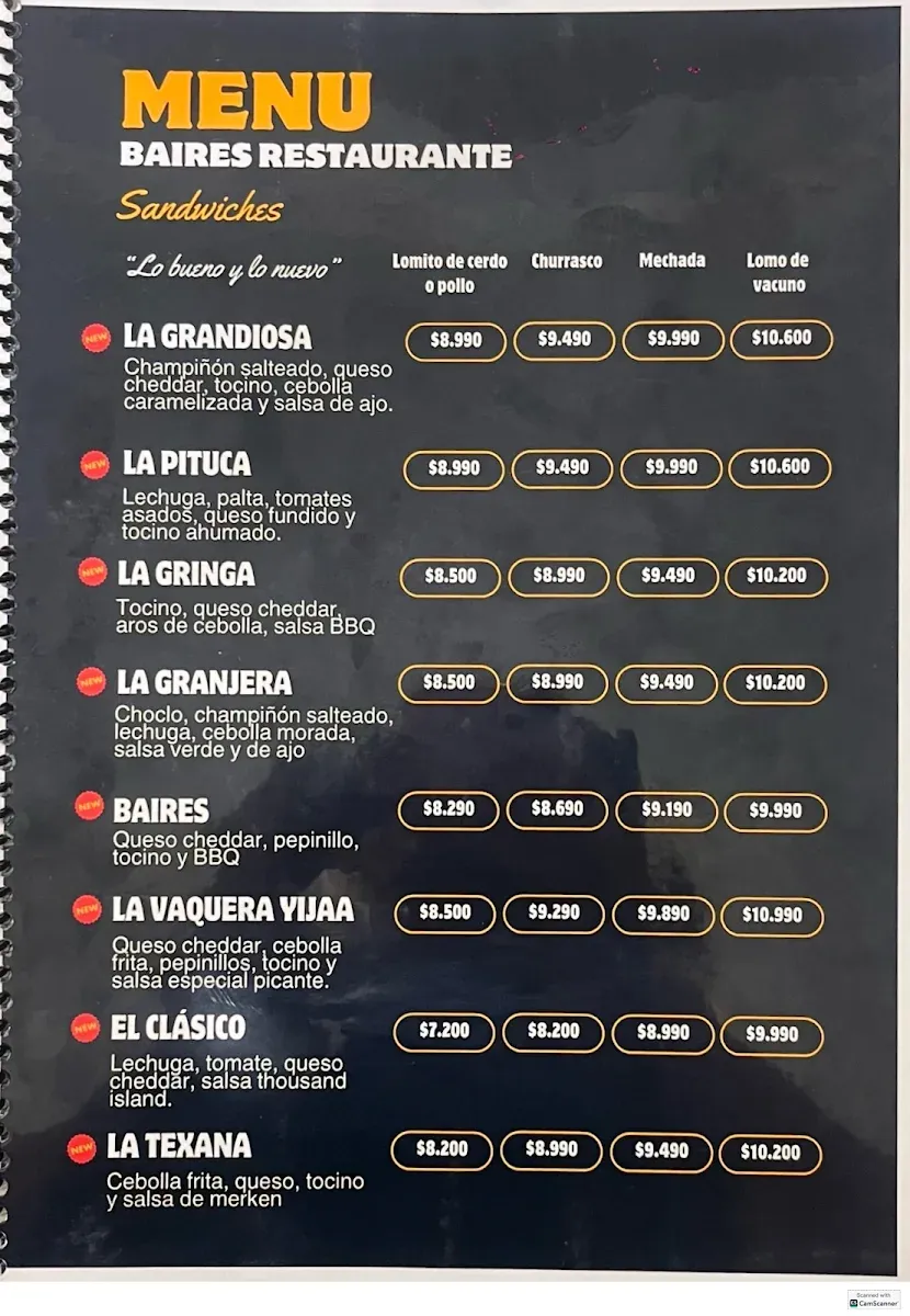Página Sandwiches de la carta real de Café Baires, con nombres y precios por proteína