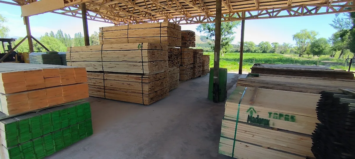 Tableros OSB y fardos de madera apilados dentro del galpón