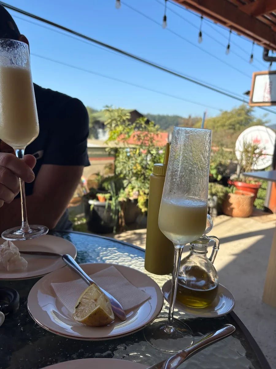 Copas de sour en la terraza de Blanca Marti con los cerros de Vichuquén detrás