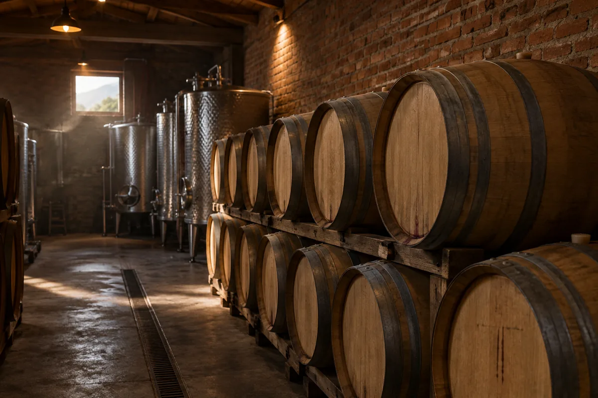 Bosquejo referencial: interior de una bodega con barricas de roble y estanques de acero