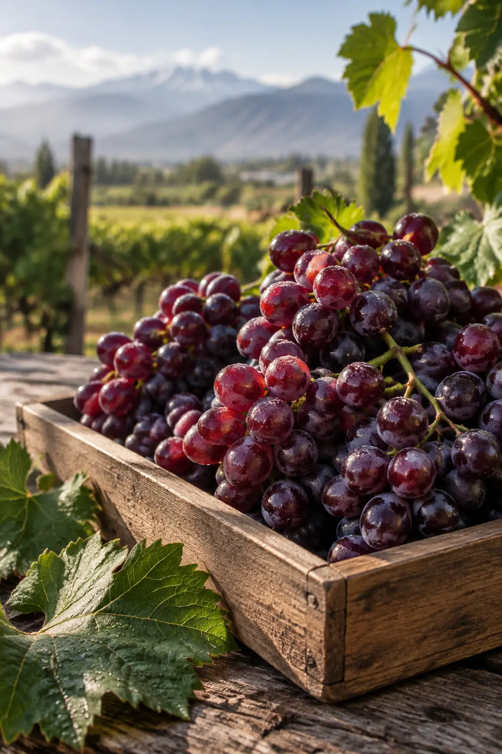 Bosquejo referencial: uvas tintas recién cosechadas en un cajón de madera