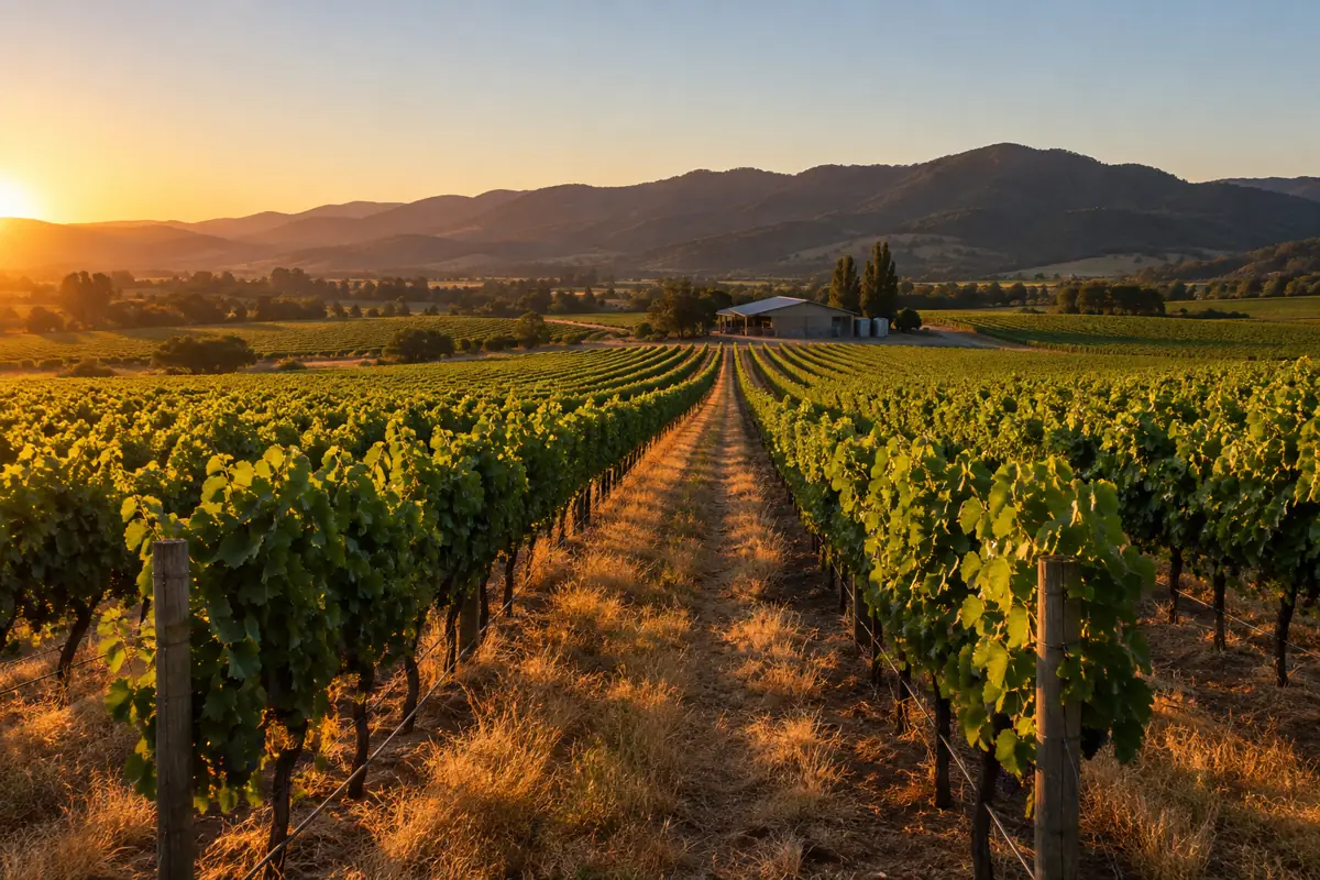 Bosquejo referencial: hileras de viñedo al atardecer en el Valle del Maule