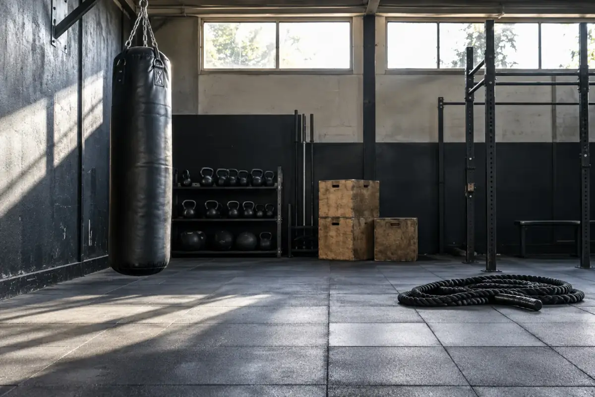 Zona funcional de Brutal Curicó con saco de boxeo y kettlebells
