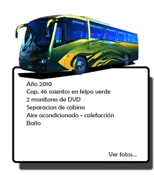Bus verde y amarillo de Buses Villar: año 2010, 46 asientos en felpa verde, 2 monitores DVD, aire acondicionado y baño