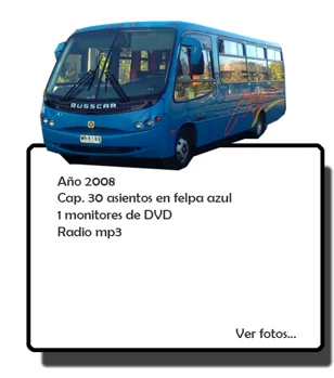 Busscar azul de Buses Villar: año 2008, 30 asientos en felpa azul, monitor DVD y radio mp3