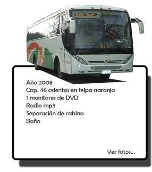 Bus plateado con franjas de Buses Villar: año 2008, 46 asientos en felpa naranja, monitor DVD, radio mp3 y baño