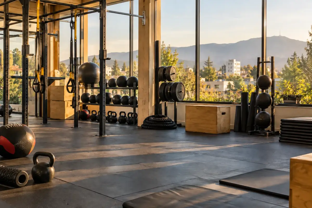 Zona funcional de Bxtraining 1: racks, straps de suspensión, kettlebells y cajones