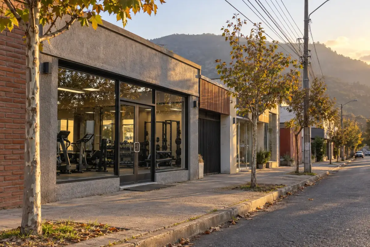 Fachada de Bxtraining 1 a nivel de calle, con el cerro de San Clemente al fondo