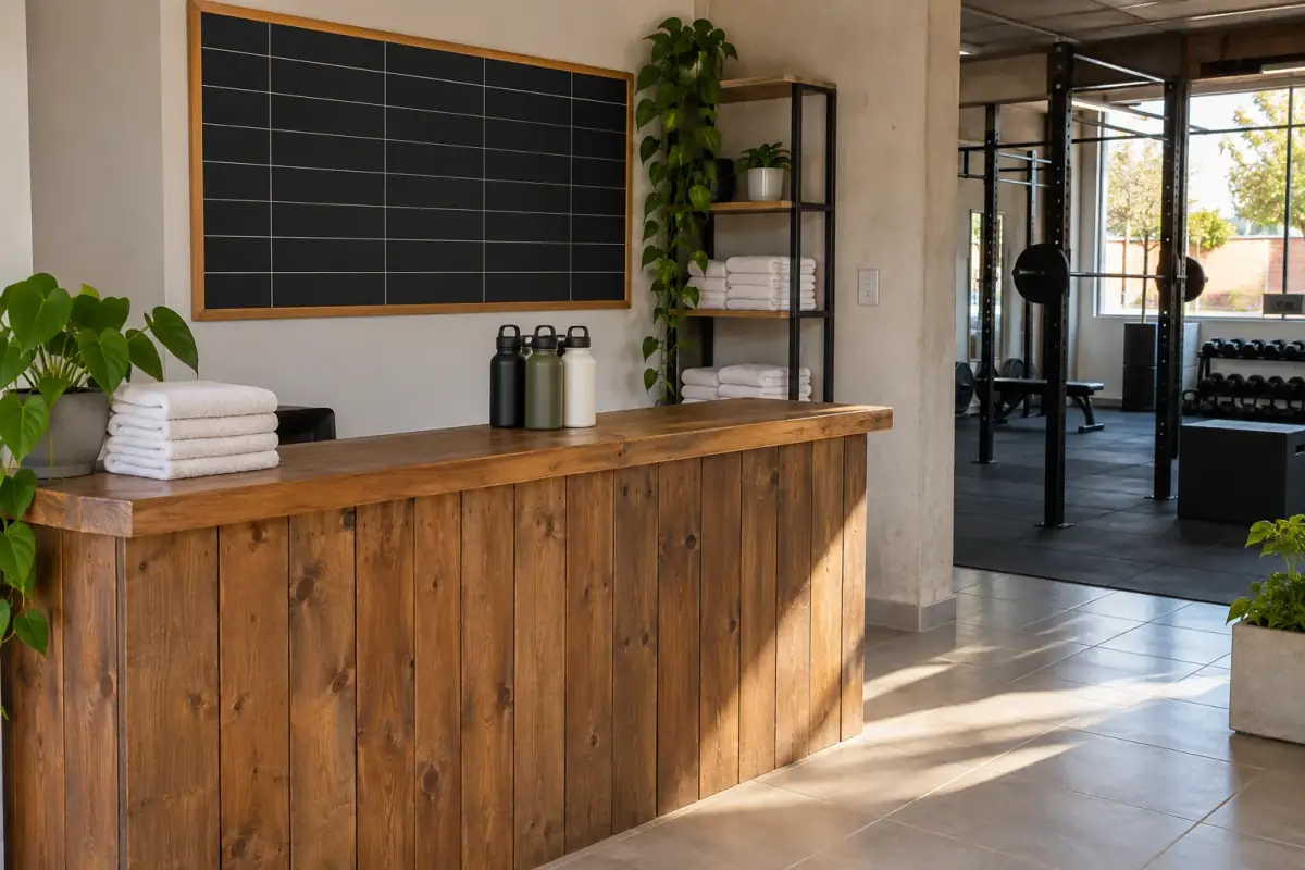 Recepción del gimnasio: mesón de madera, toallas y pizarra de horarios