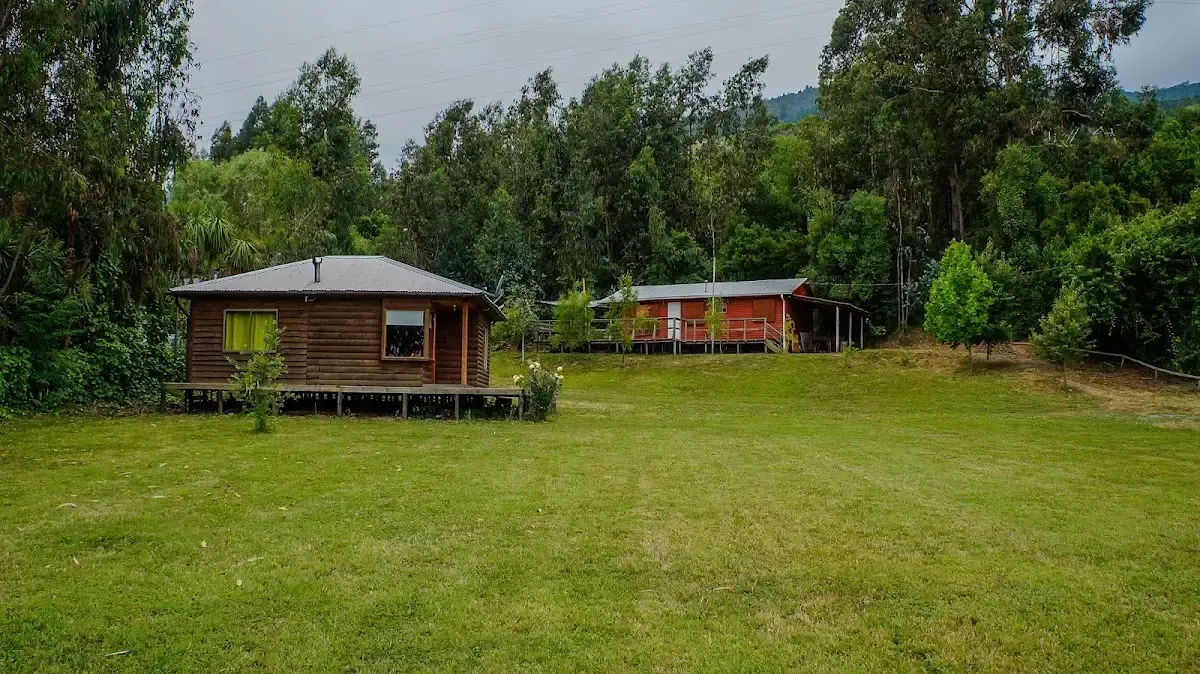 Predio de Cabañas Cerro Colorado: pradera verde con cabañas de madera y árboles