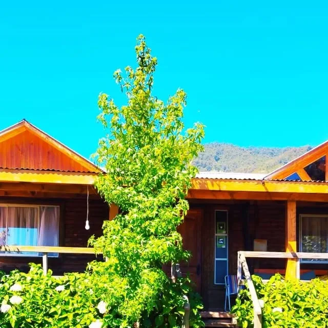 Cabañas de madera color naranjo de Cabañas El Alto con techo a dos aguas y portalón