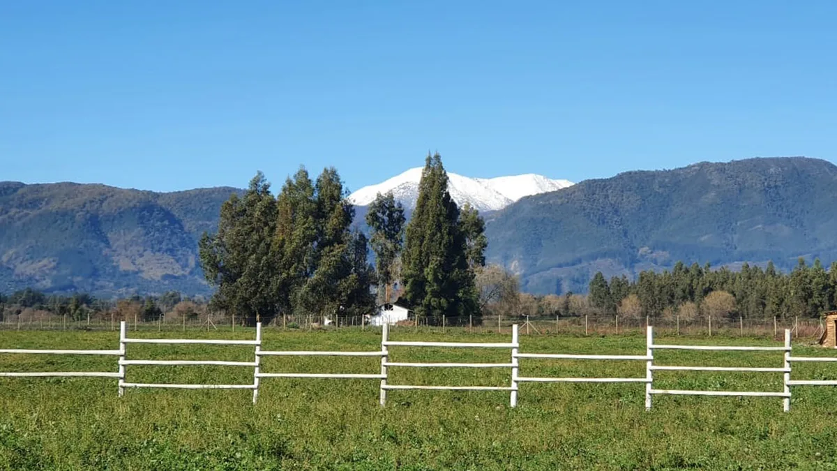 Pradera con cerca blanca y el Descabezado nevado al fondo, Las Lomas