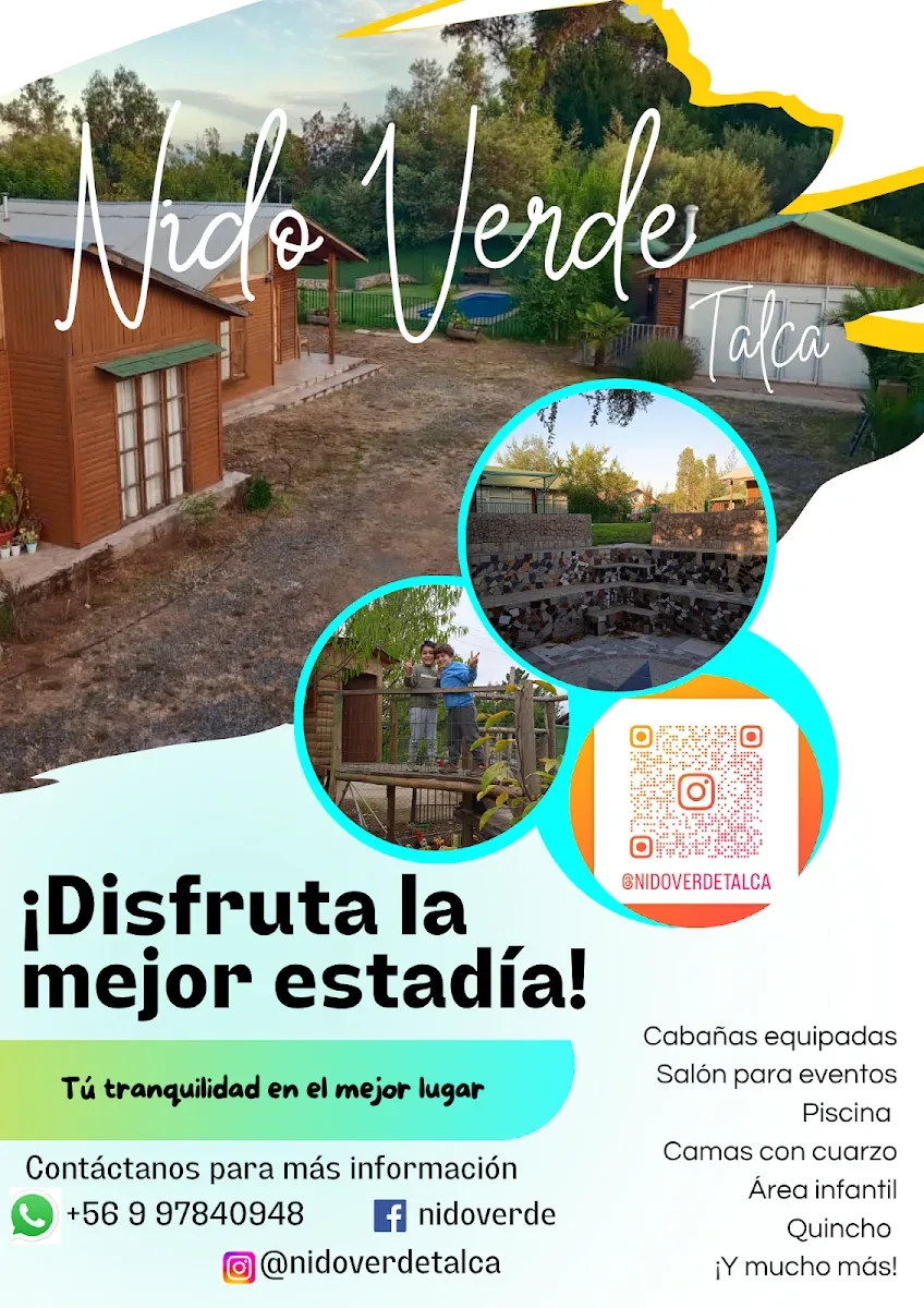 Flyer oficial de Cabañas Nido Verde con sus servicios y redes