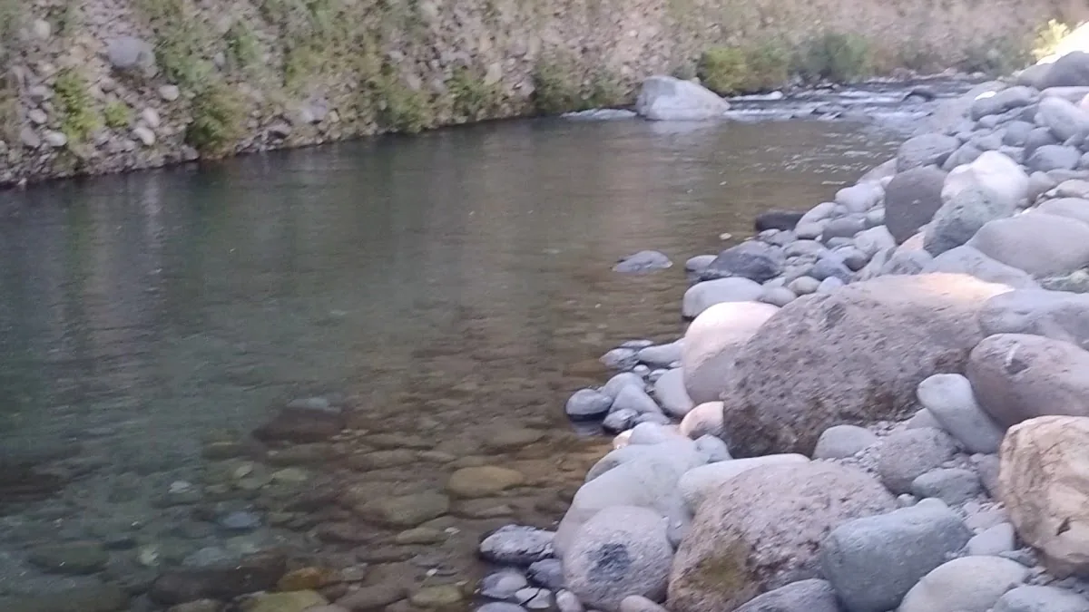 Piedras y agua clara del río Claro junto al predio