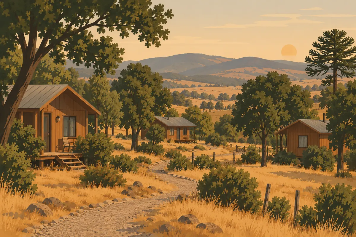 Bosquejo ilustrado: cabañas de madera entre árboles y pasto dorado en la comuna de Maule