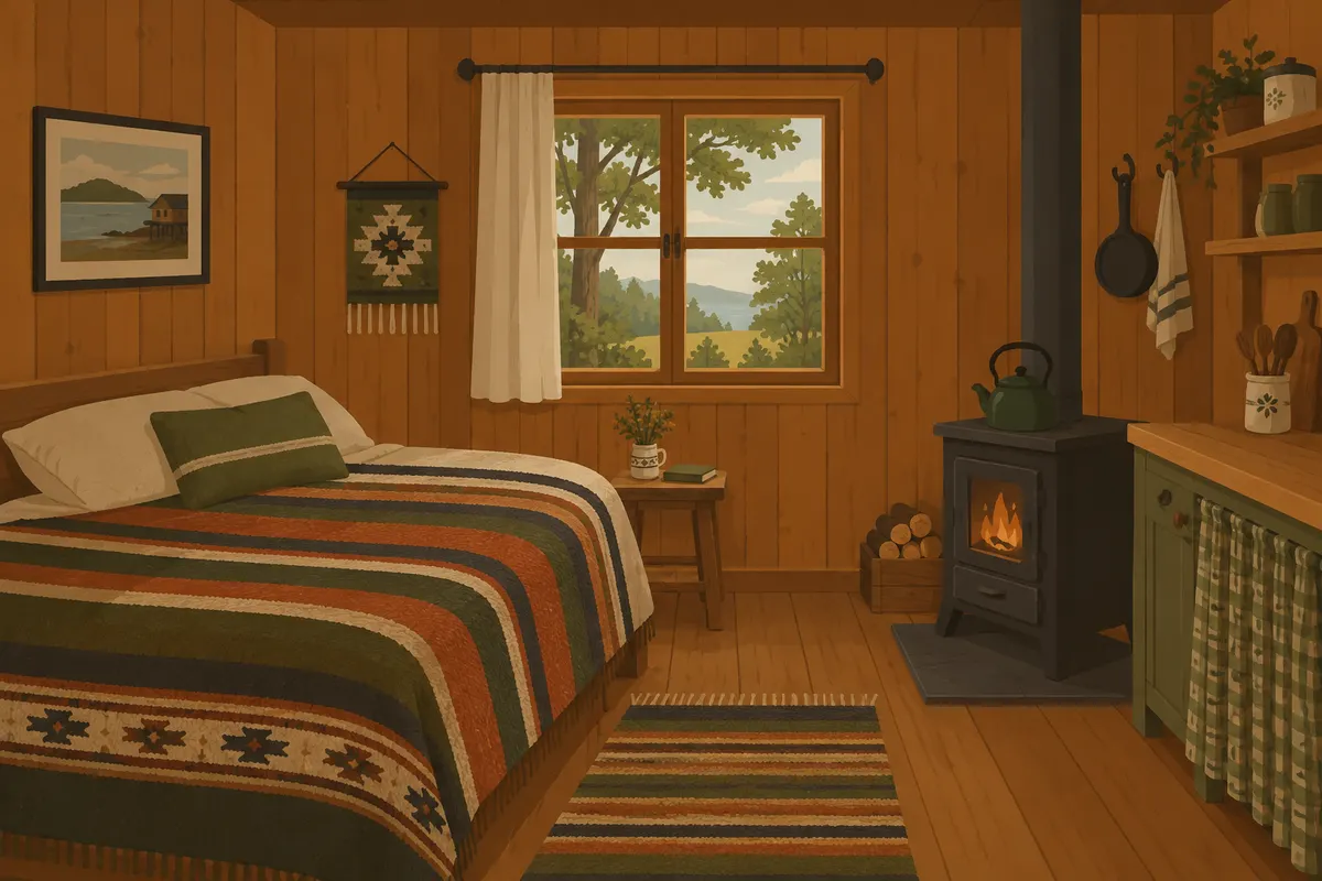 Bosquejo ilustrado: interior de cabaña de madera con cama, estufa y ventana al campo