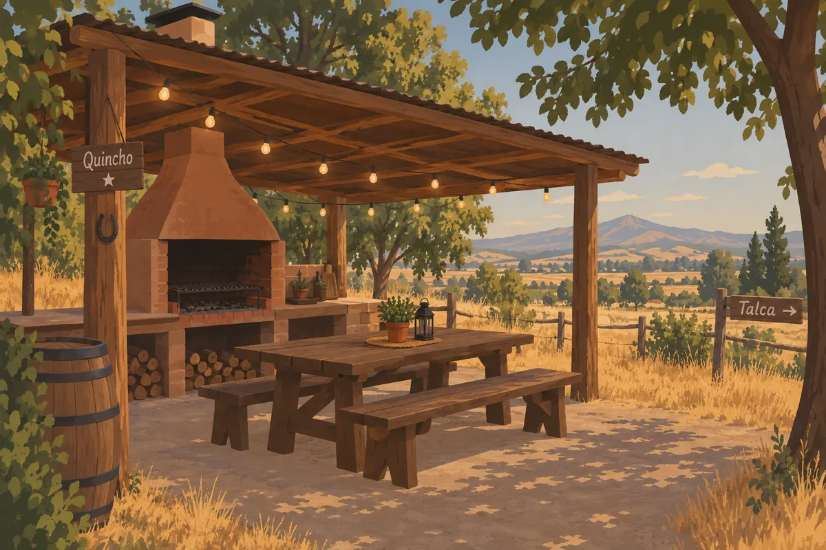 Bosquejo ilustrado: quincho rústico con parrilla y mesa de madera entre árboles