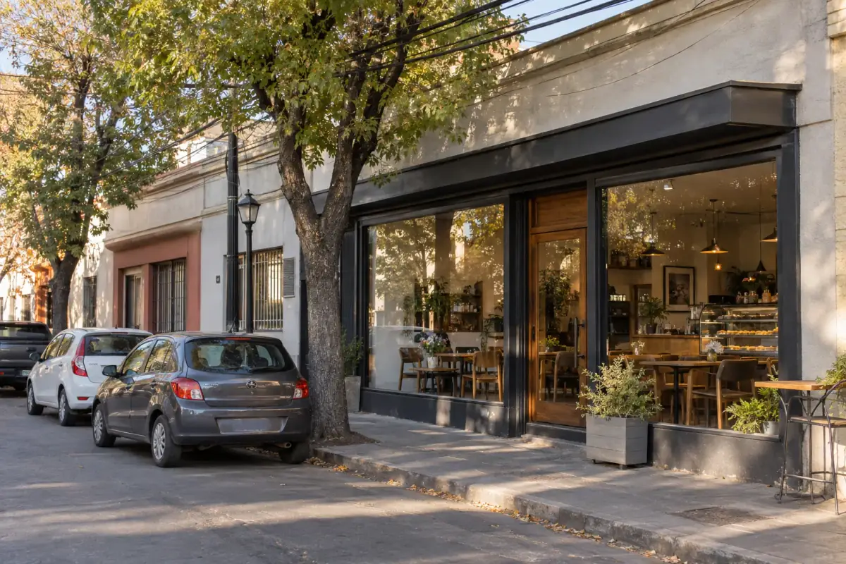 Fachada del café con grandes ventanales, puerta de madera y mesas a la vista desde la vereda