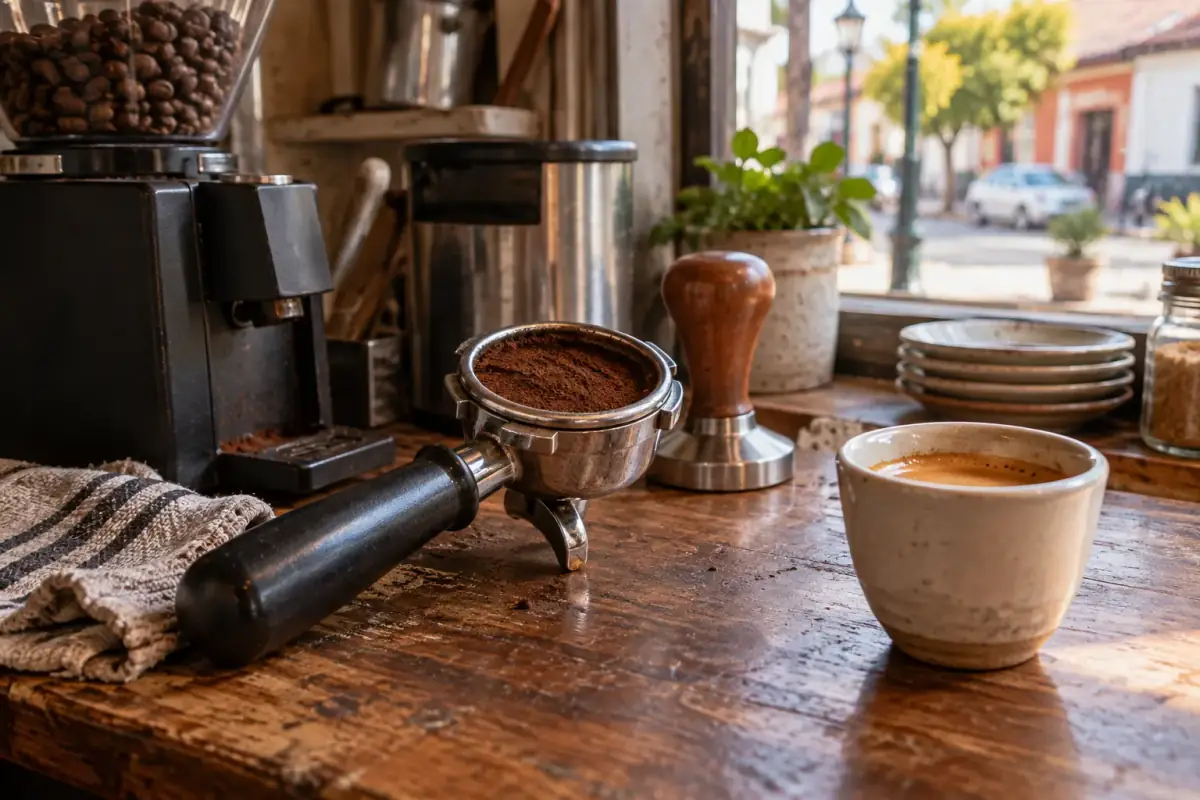 Portafiltro con café molido, tamper de madera y una taza de espresso sobre el mesón