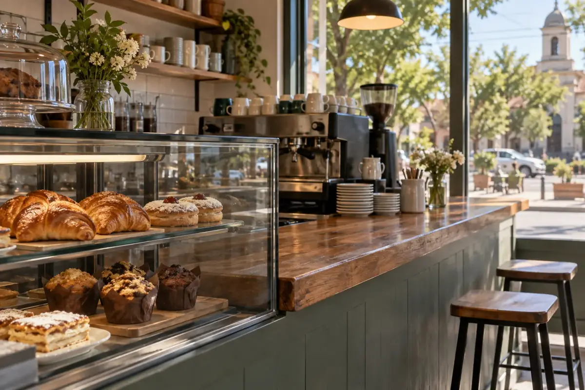 Vitrina con croissants, berlines y muffins junto a la barra de madera y la máquina de café