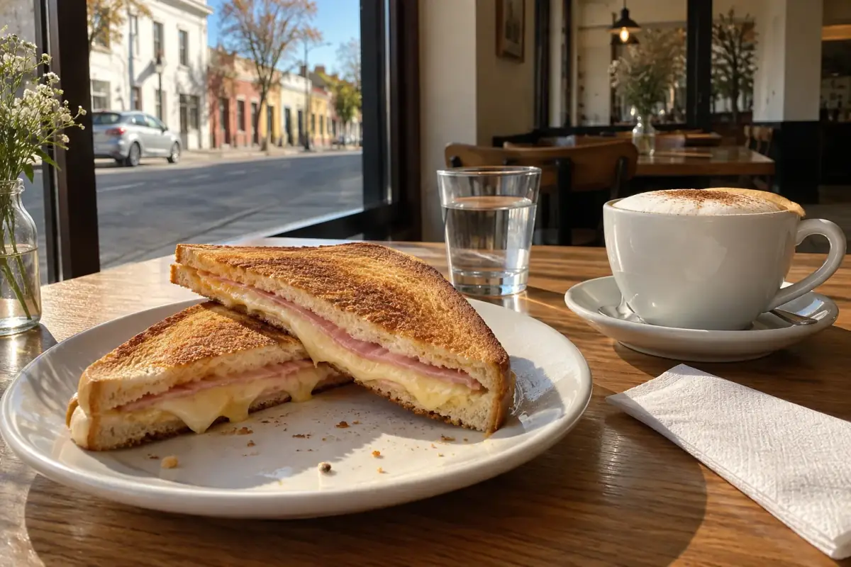Sándwich caliente de jamón y queso junto a un capuchino, en una mesa al lado de la ventana