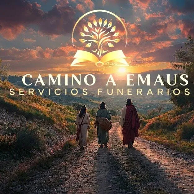 Afiche de Camino a Emaús: tres caminantes en un sendero al atardecer