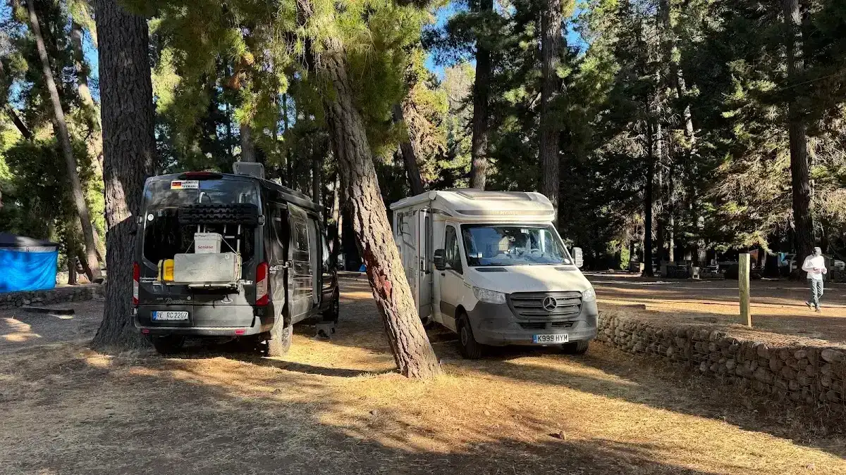 Carro casa estacionado bajo los árboles del camping