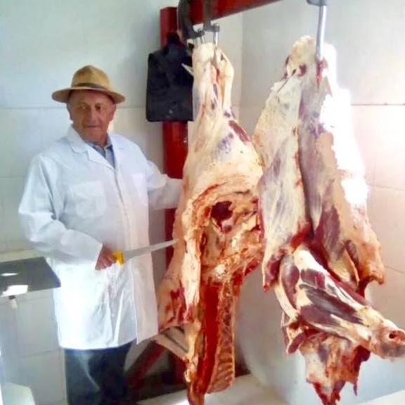 Dueño de Carnes Bravo con delantal blanco y cuchillo junto a medias canales colgadas en el riel
