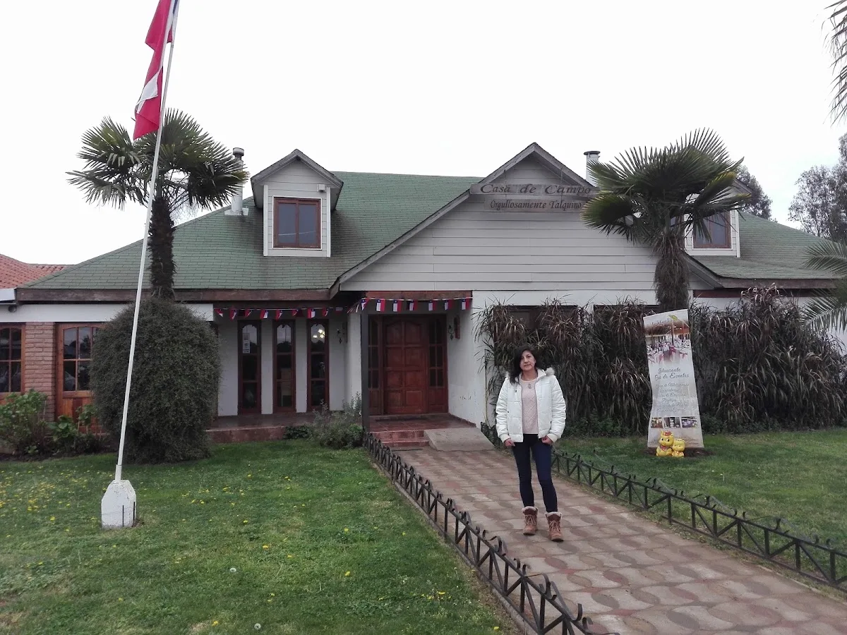 Casona de campo de Casa de Campo: entrada con bandera chilena y palmeras, San Clemente