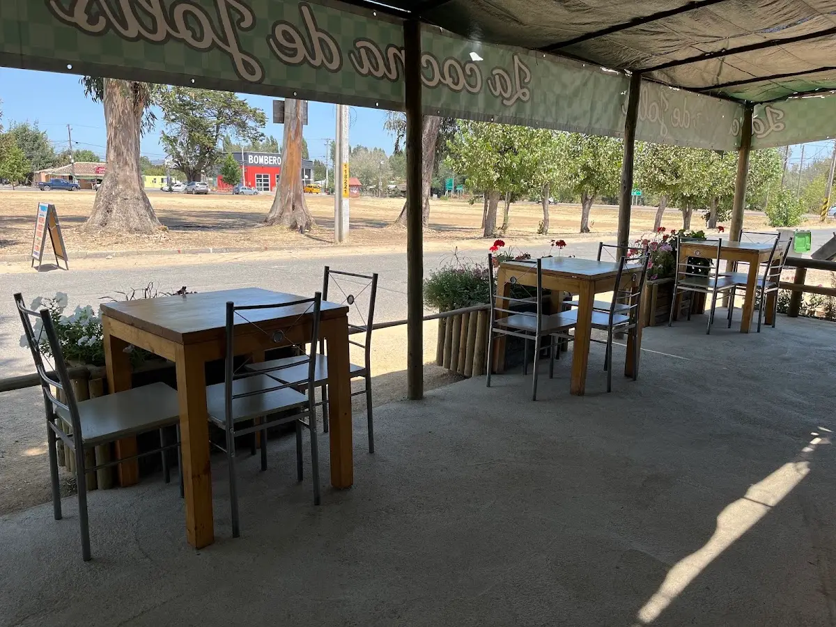 Terraza techada del restaurante con mesas de madera y vista a la calle de Panimávida