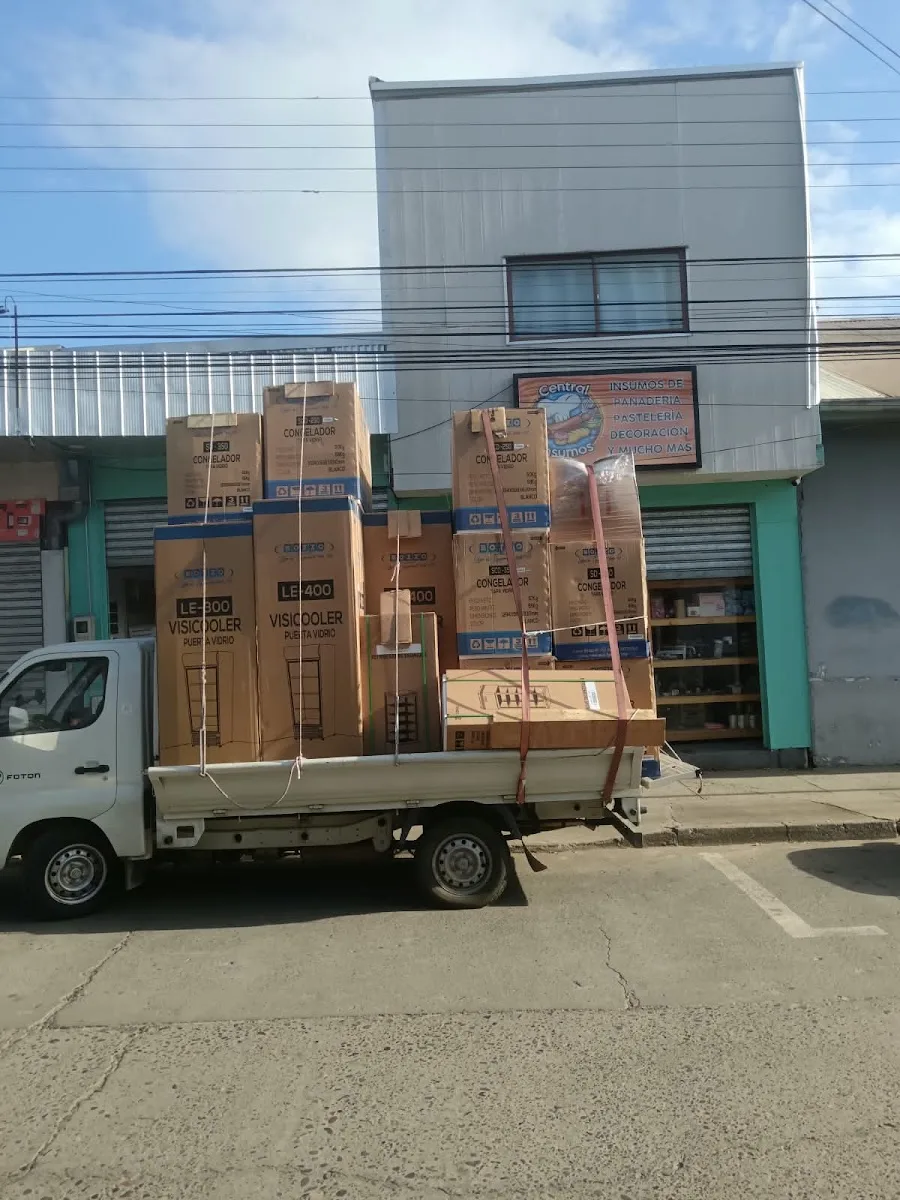 Camión repartidor blanco de Central Insumos estacionado fuera del local