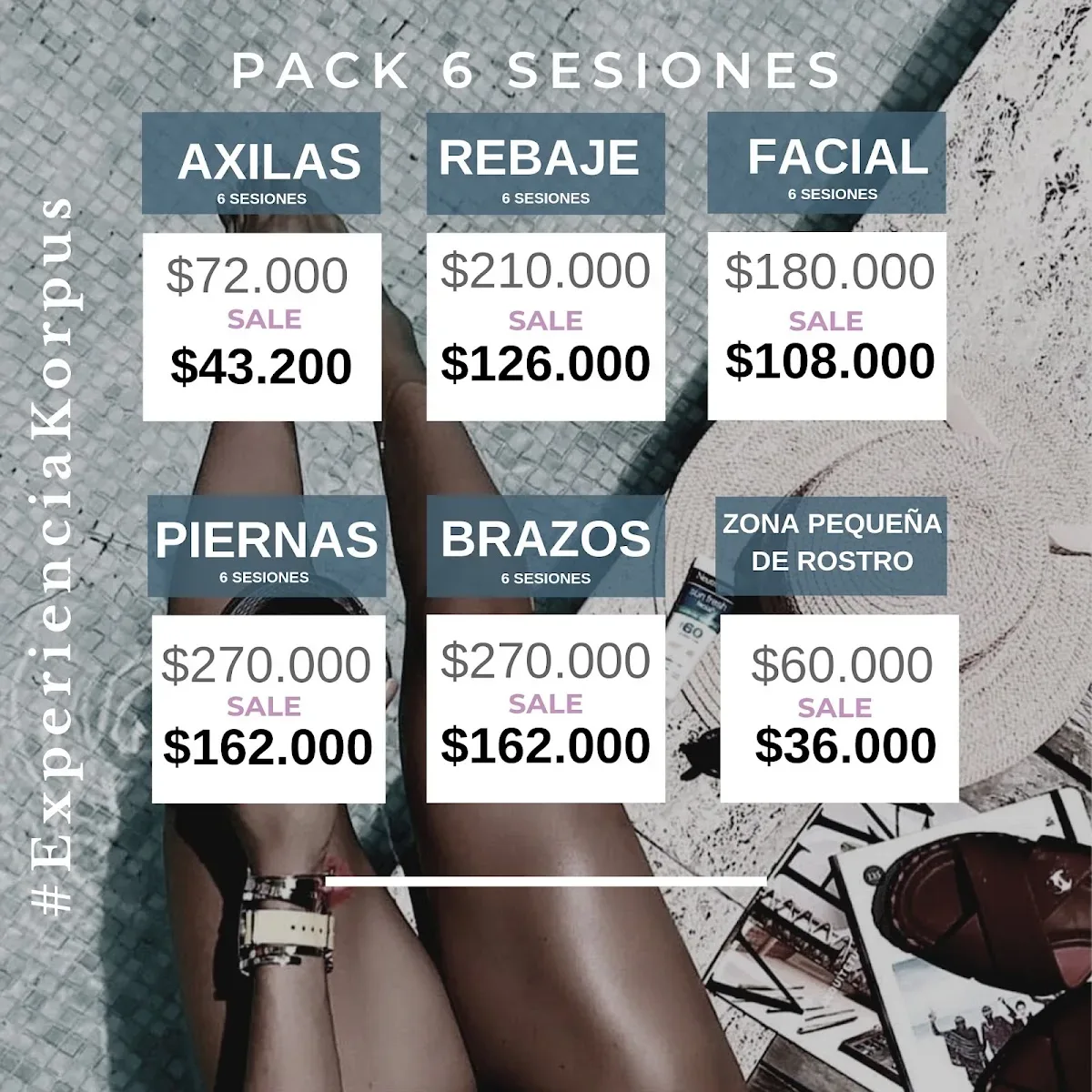 Flyer de Korpus: pack de 6 sesiones de depilación láser con precios por zona