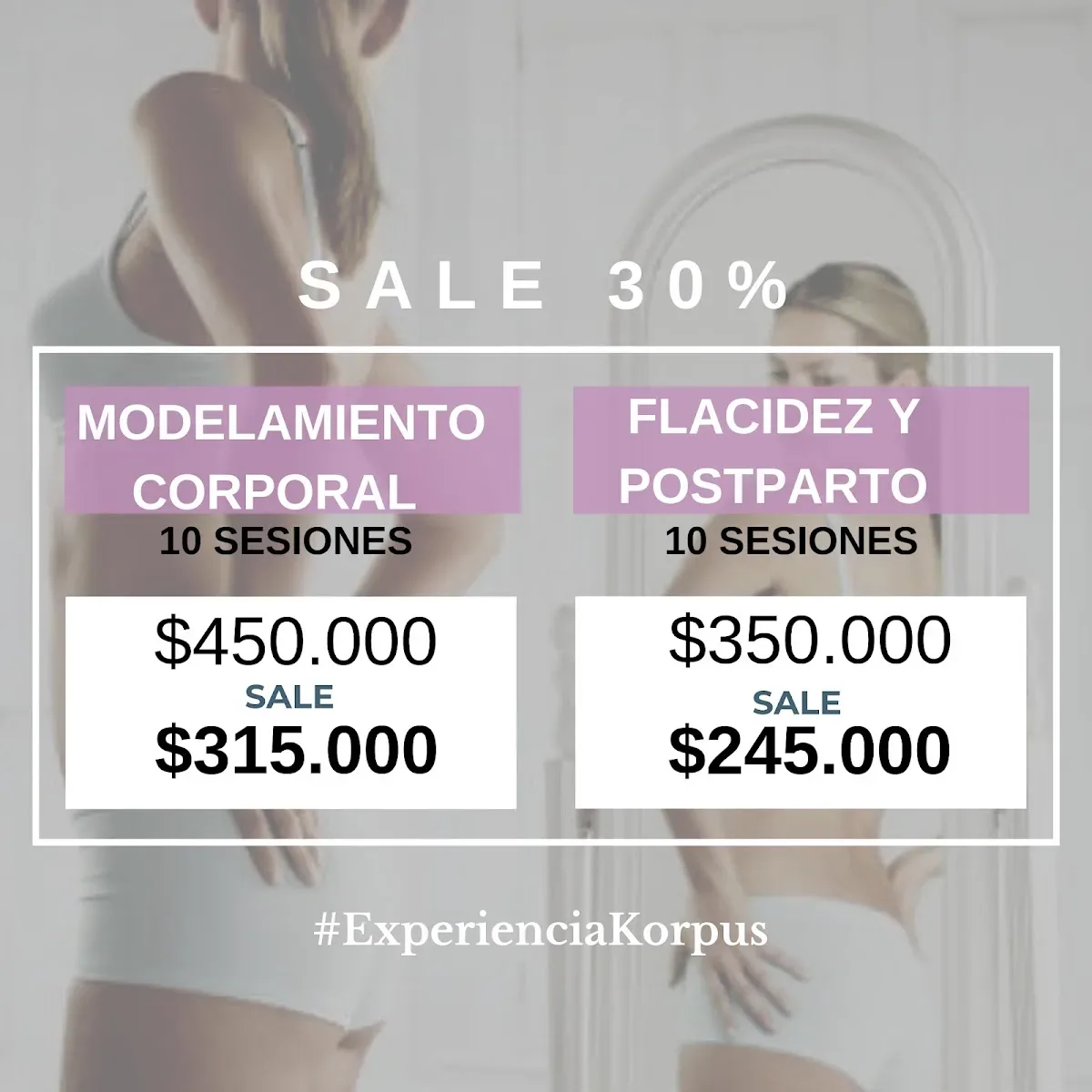 Flyer de Korpus: modelamiento corporal y flacidez postparto en pack de 10 sesiones