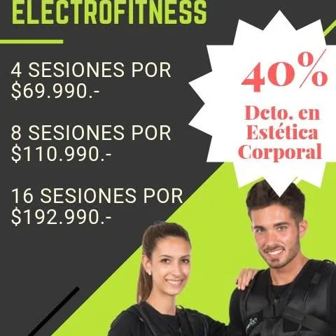 Afiche real del electrofitness de CuriMed: planes de 4, 8 y 16 sesiones con precios