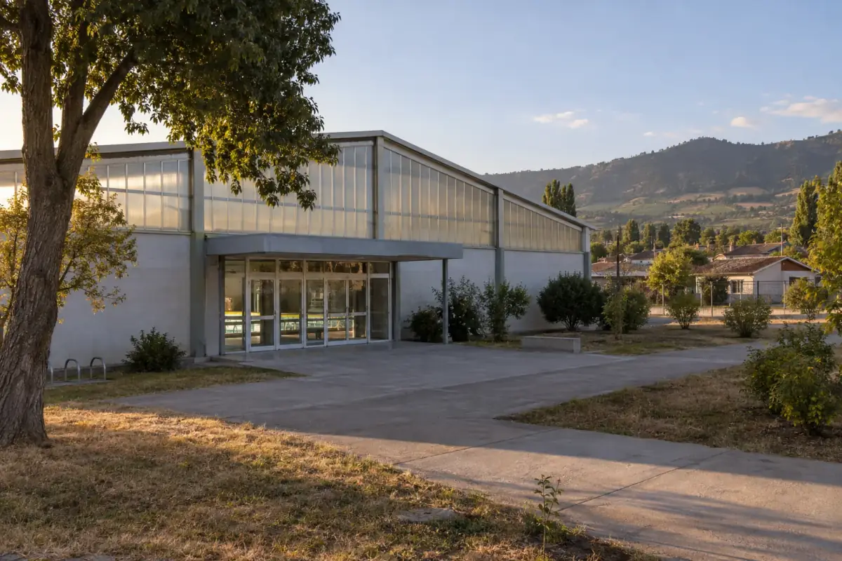 Fachada del recinto de la piscina cubierta, con los cerros de San Rafael detrás