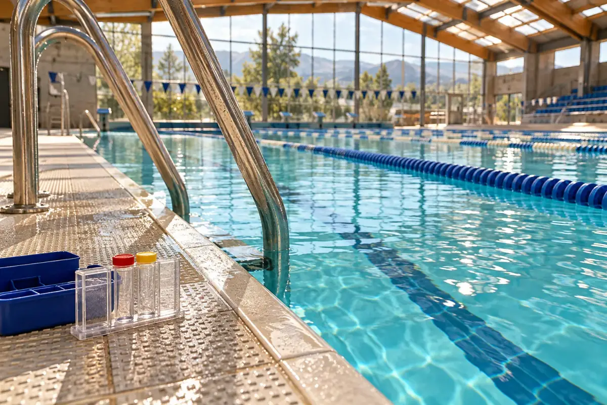 Kit de medición de agua en el borde de la piscina, junto a las escalerillas