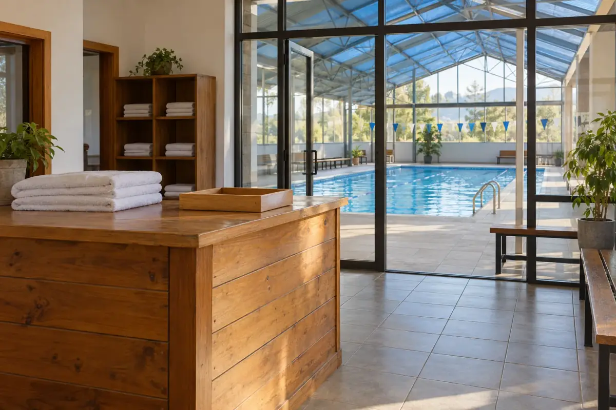 Recepción de la piscina cubierta, con toallas y vista hacia el agua