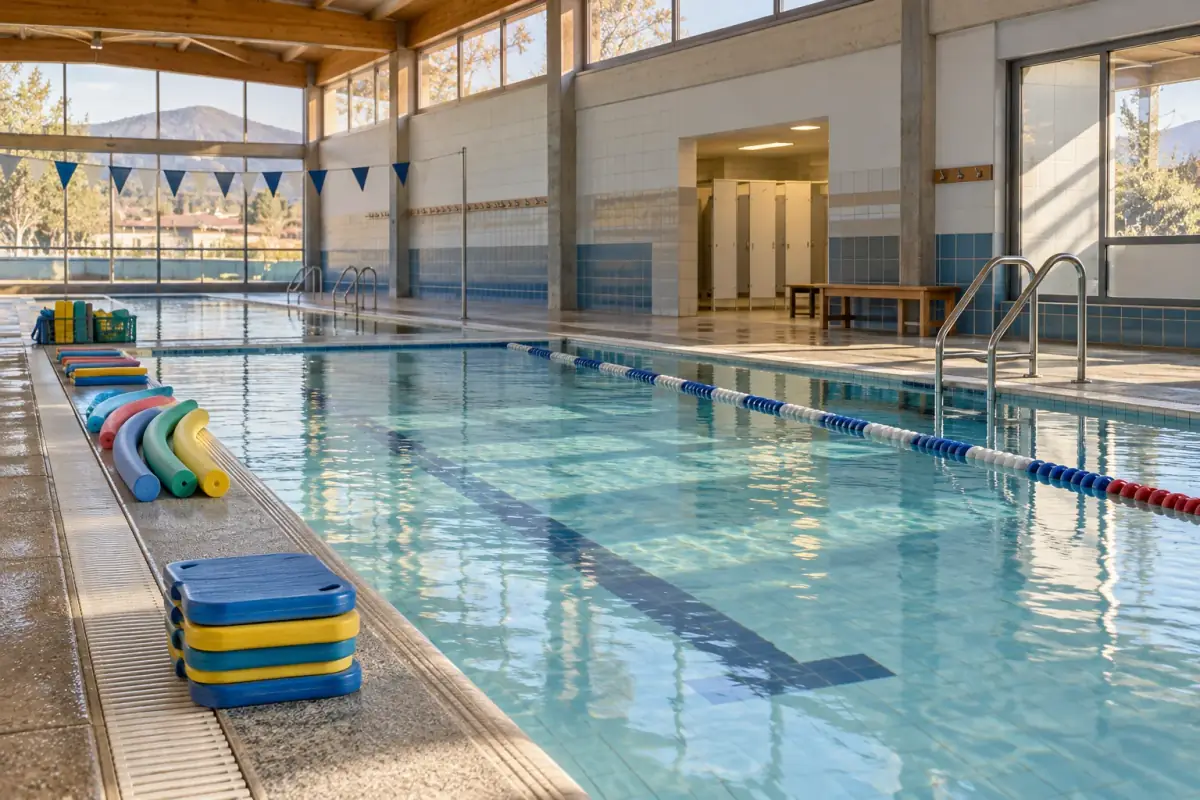 Piscina cubierta con tablas y fideos de clases apilados en el borde