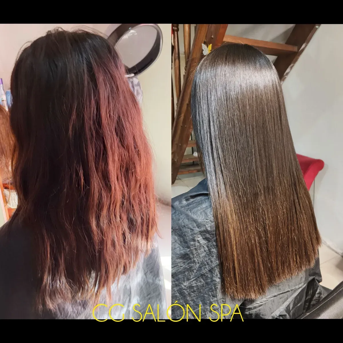 Antes y después de alisado de cabello realizado en CG Salón Spa