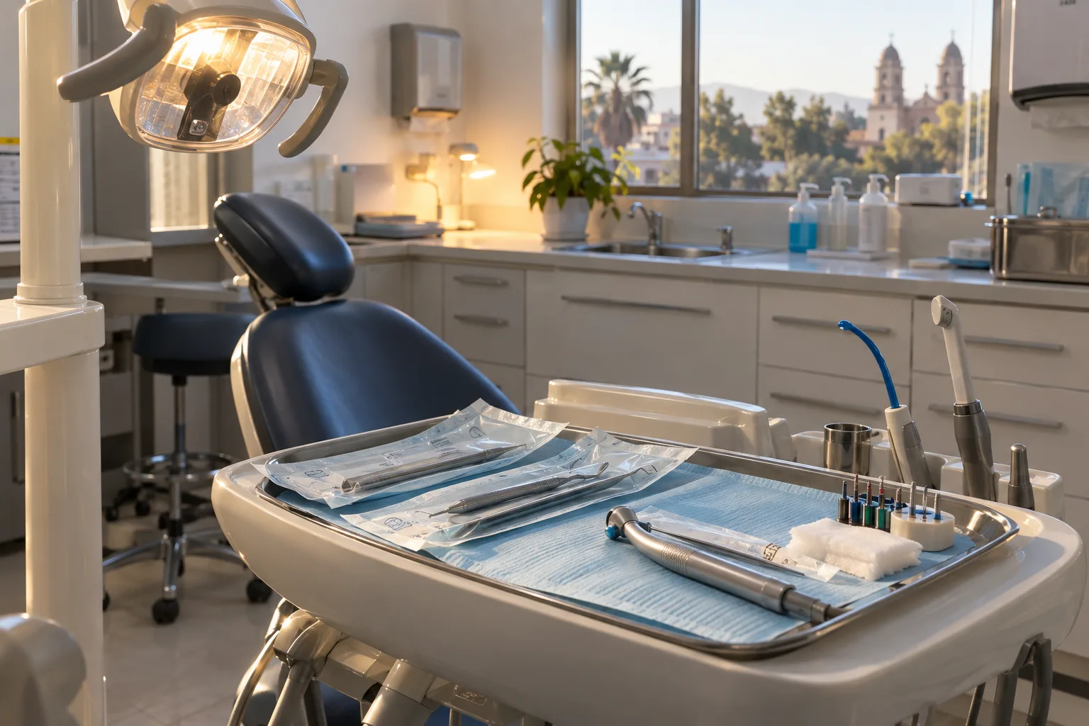 Bandeja de instrumental dental esterilizado en el box, con lámpara clínica